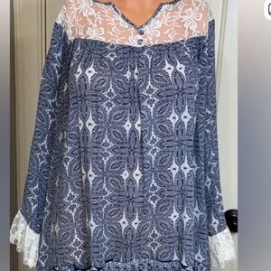 Umgee Blue White Lace Yoke Tunic Mini Dress Long Sleeve Size S